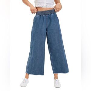 American Eagle Wide Leg Dark Indigo Pants Medium Elastic Waist Flowy Raw Hem